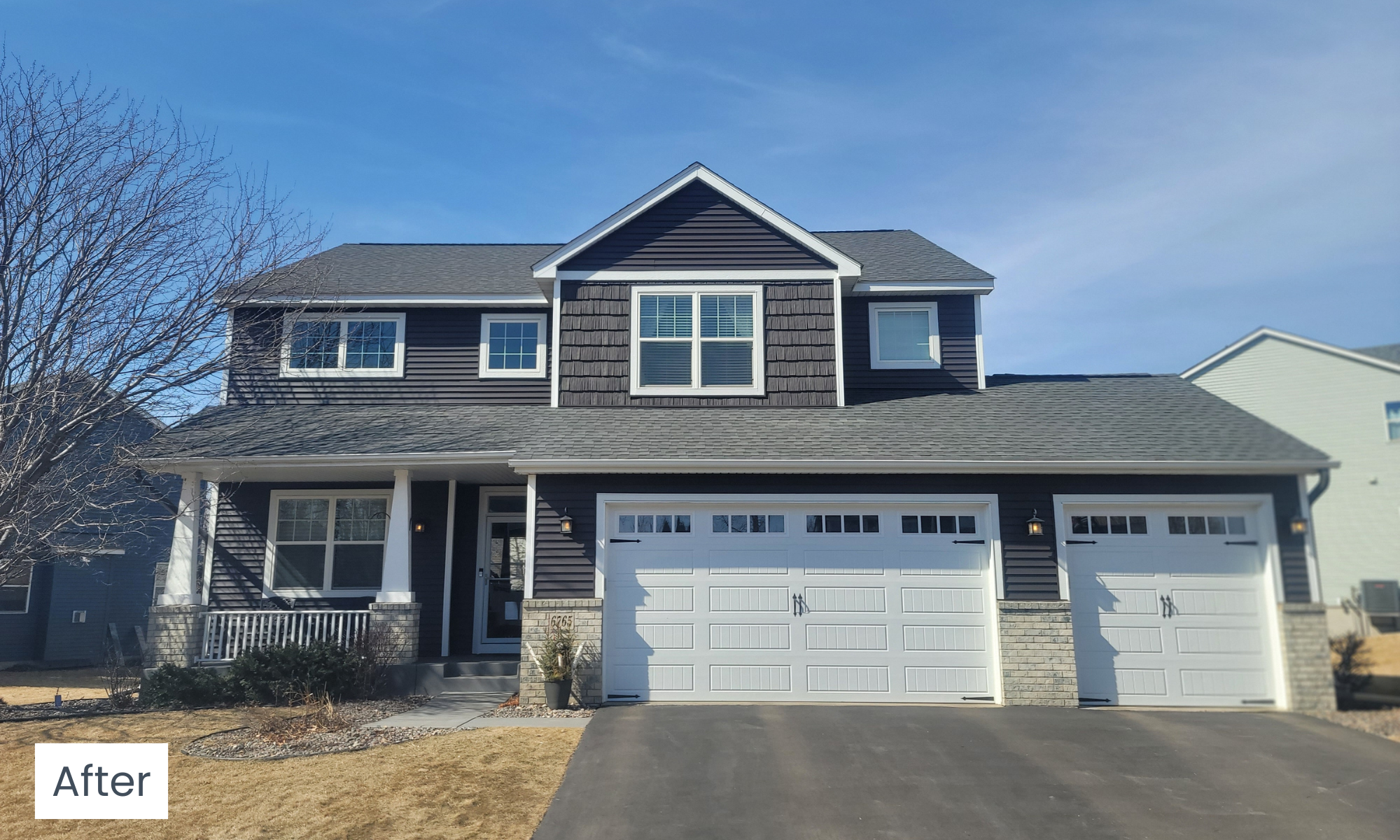 Full home siding replacement in Maple Grove, MN using Mastic Carvedwood D4 SolarDefense vinyl siding in Woodland Retreat.